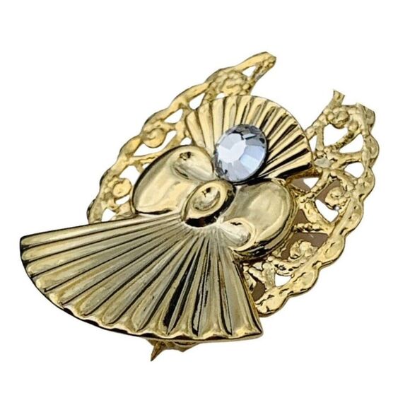 Vintage Jane Clear Faceted Glass Fan Paisley Shiny Yellow Gold Tone Brooch - Picture 3 of 6
